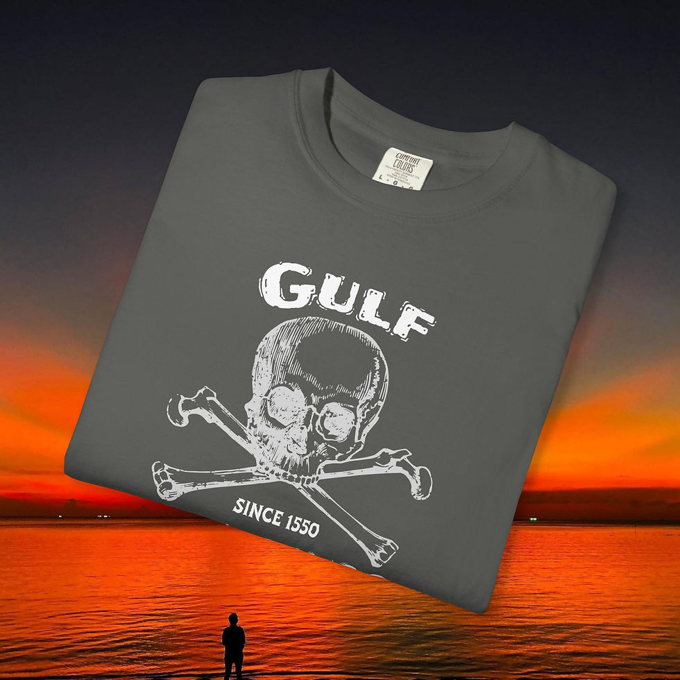 Thumbnail: Gray t-shirt with skull and crossbones, GULF print, and sunset background.
