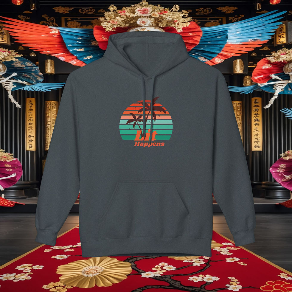 Thumbnail: Dark gray hoodie with sunset and palm tree graphics, 
