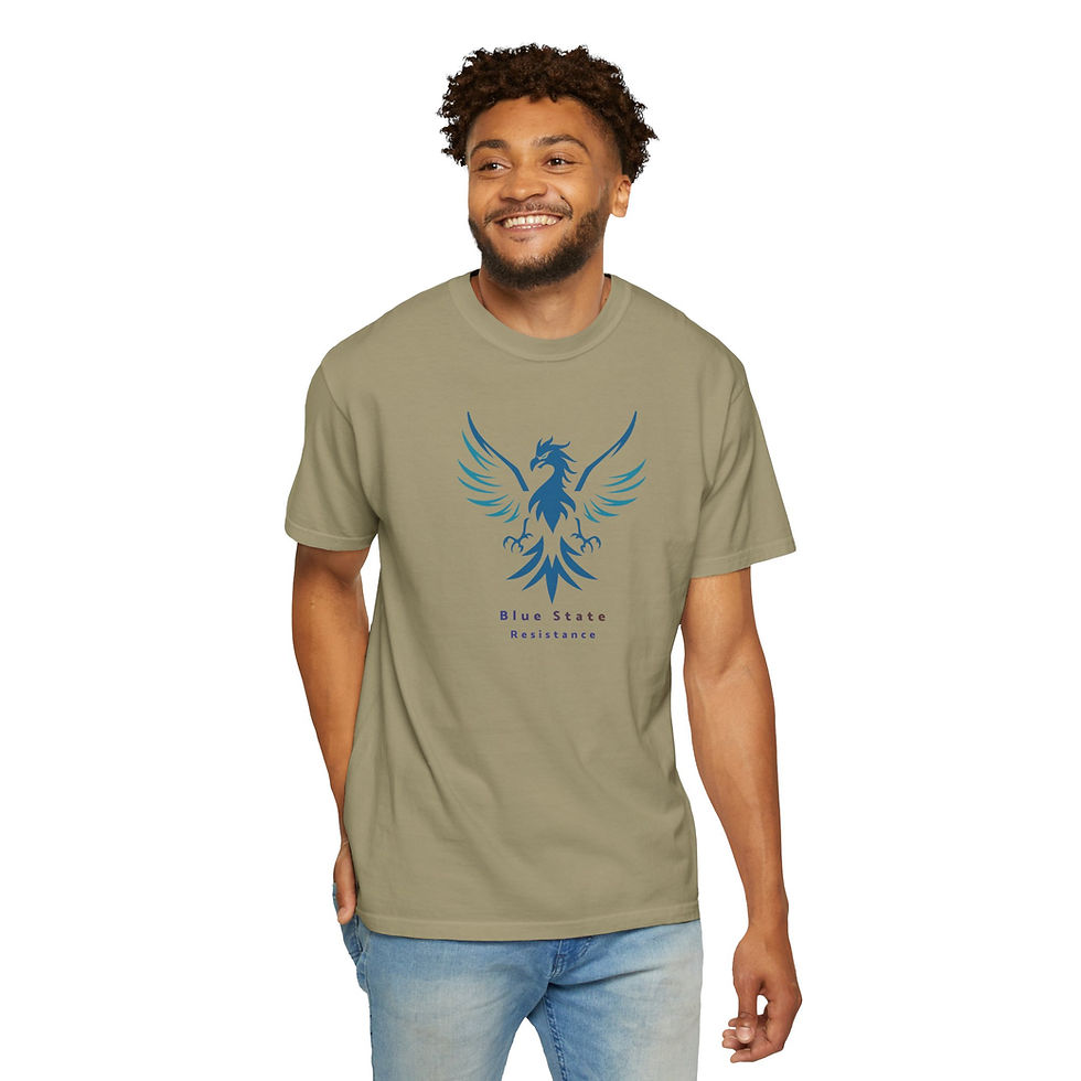 A man wearing a khaki t-shirt that has a blue phoenix on the front, and the words "Blue State Resistance" under the skull.