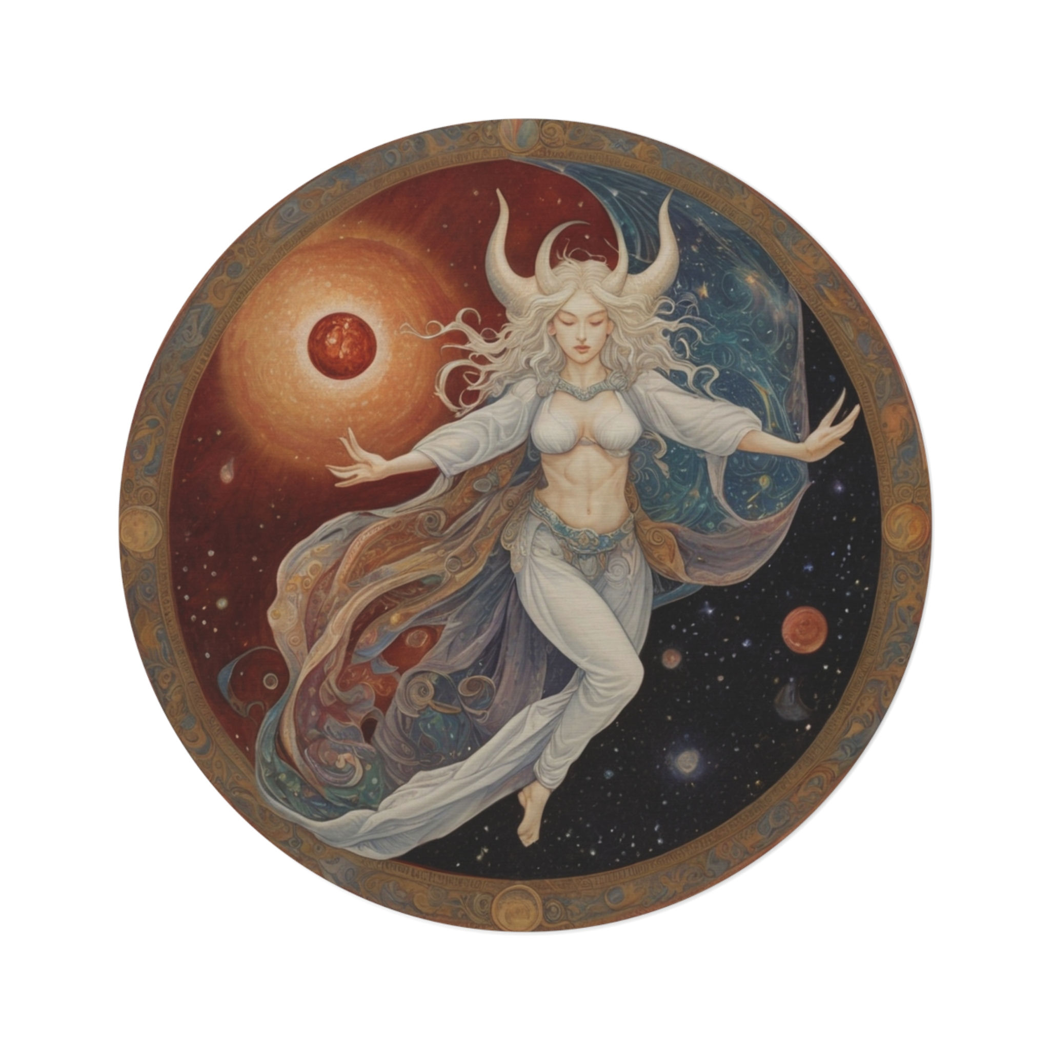 Horned Goddess of Celestial Balance 60" Round Rug, Planetary Alignment and Gift