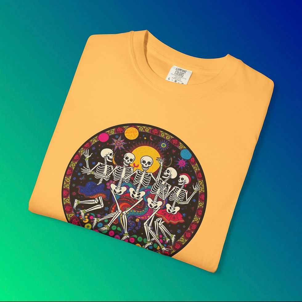Thumbnail: Orange t-shirt with dancing skeletons design, colorful artwork, My Site 1