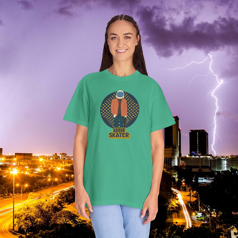 Thumbnail: Woman wearing a green shirt with a skater design, 