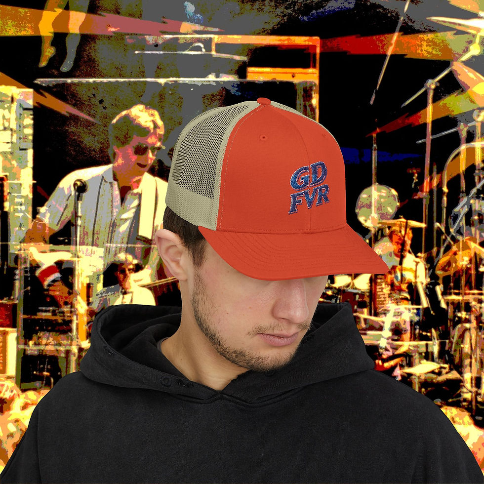 Thumbnail: Man wearing GD FVR hat. Stylish Snapback Trucker Cap with GD FVR Design. Grateful Dead.