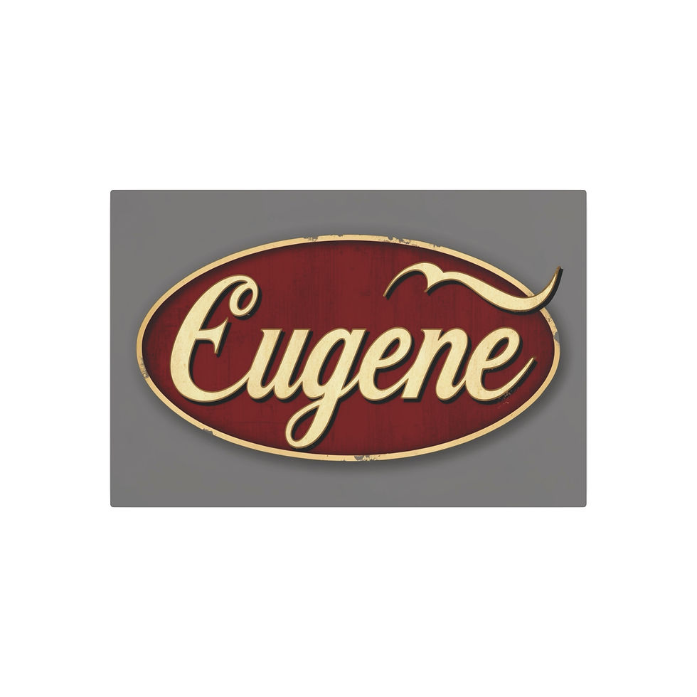 Eugene logo on a red oval. Text: Eugene, on a gray background.