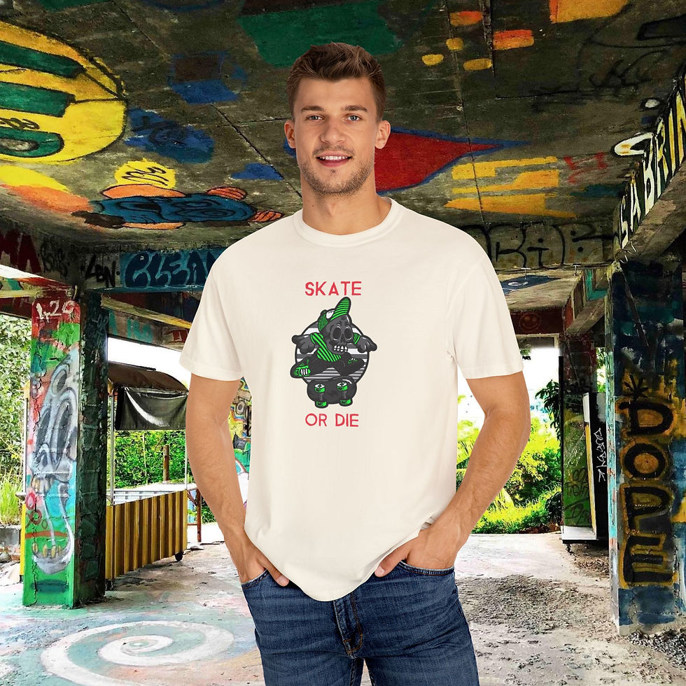 Man wearing Skate Or Die t-shirt, My Site 1. Temple of Surf Unisex Gift Hipster T-shirt