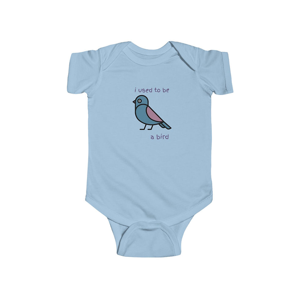 Thumbnail: Light blue baby bodysuit with a bird and text reading 'I want to be a bird'.