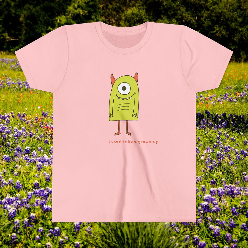 Thumbnail: Pink t-shirt with a green monster and text, 