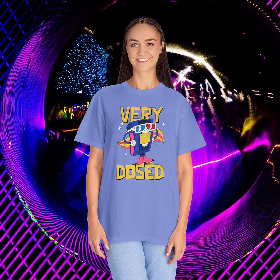 Thumbnail: Woman wearing Truly Nostalgic "Very Dosed" Garment-Dyed Cotton T-Shirt Feat. "Bill" the Bill, smiling. My Site 1