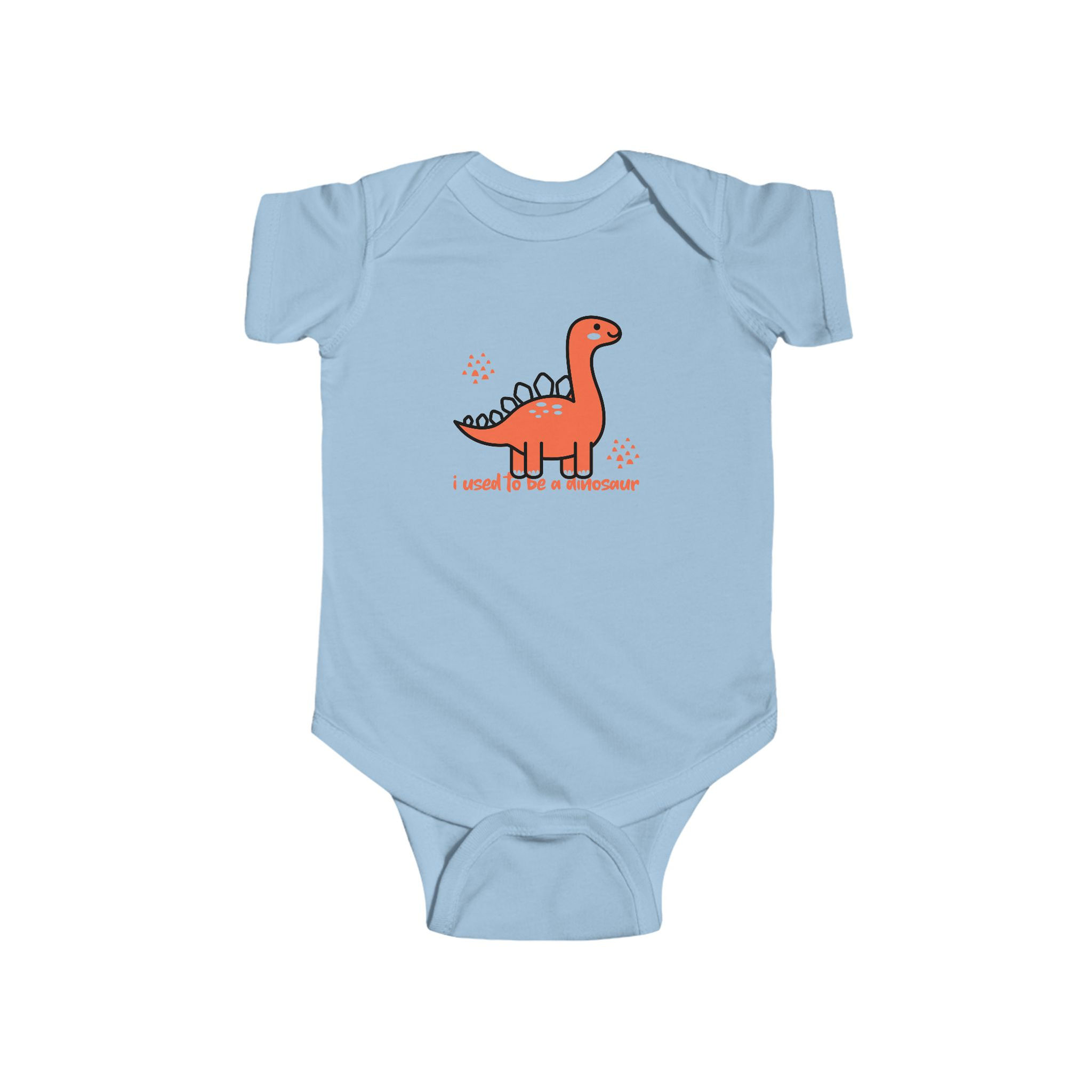 Light blue baby onesie with dinosaur graphic that reads "I love the dinosaurs".