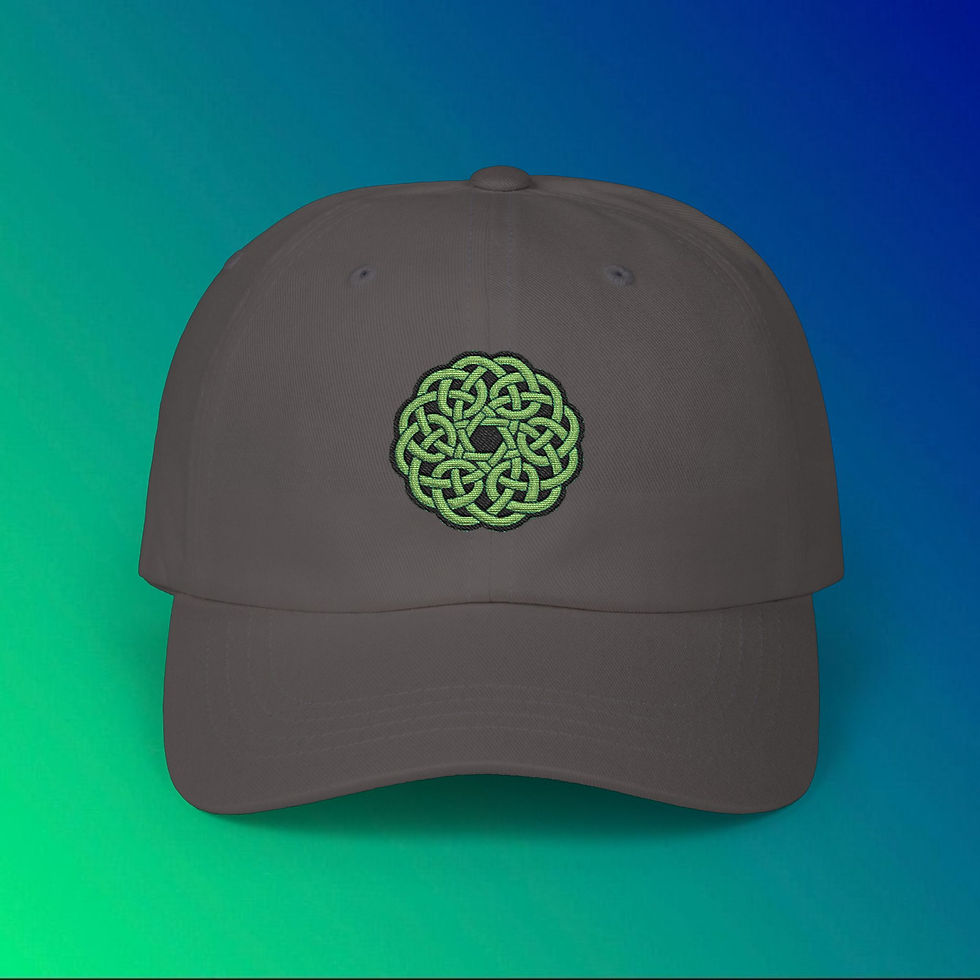 Thumbnail: Gray hat with green Celtic knot. Embroidered Green Celtic Cross Adjustable Golf Hat, Ancient Irish Cross Hat Gift.