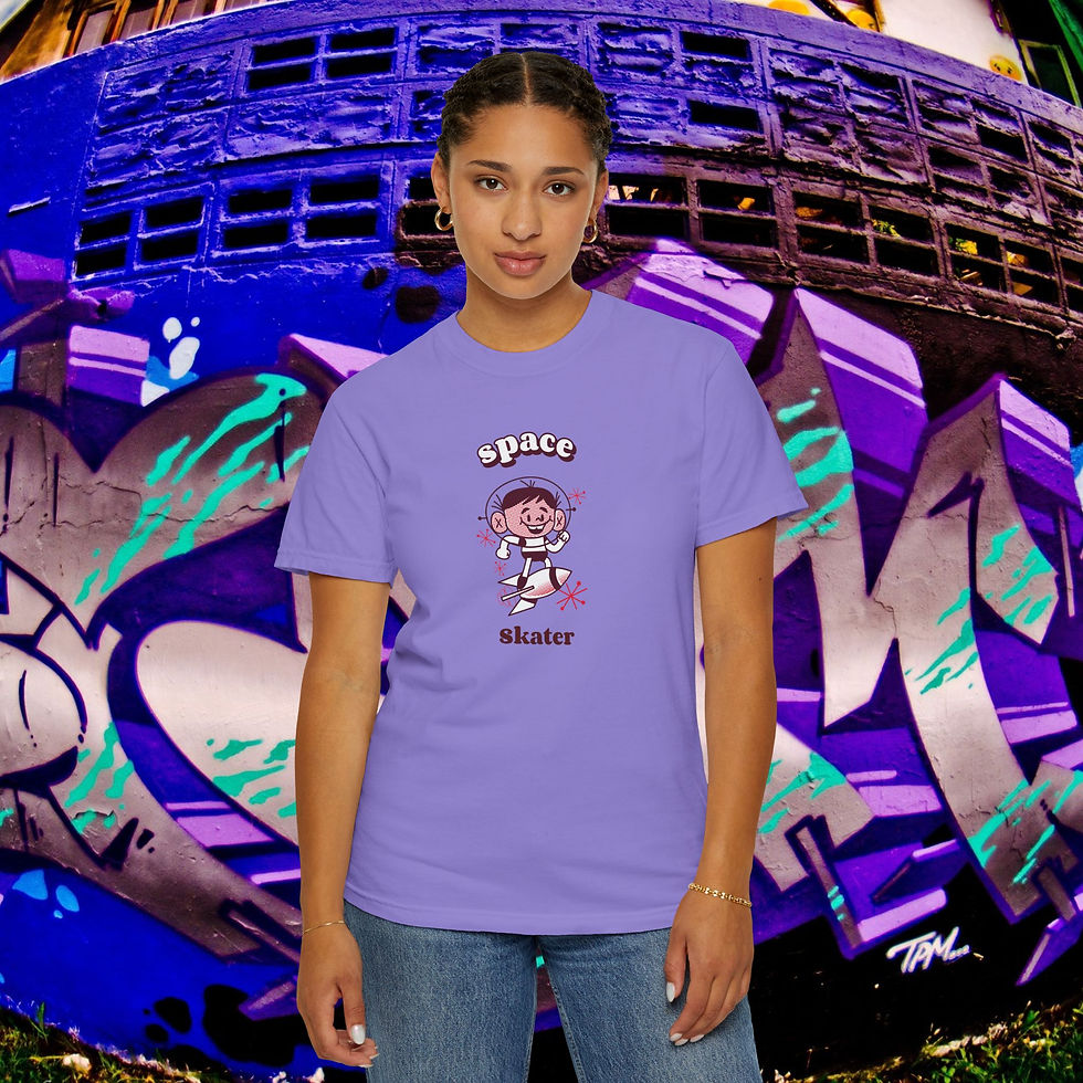 Thumbnail: Woman wearing Space #Robot t-shirt in front of graffiti background. My Site 1