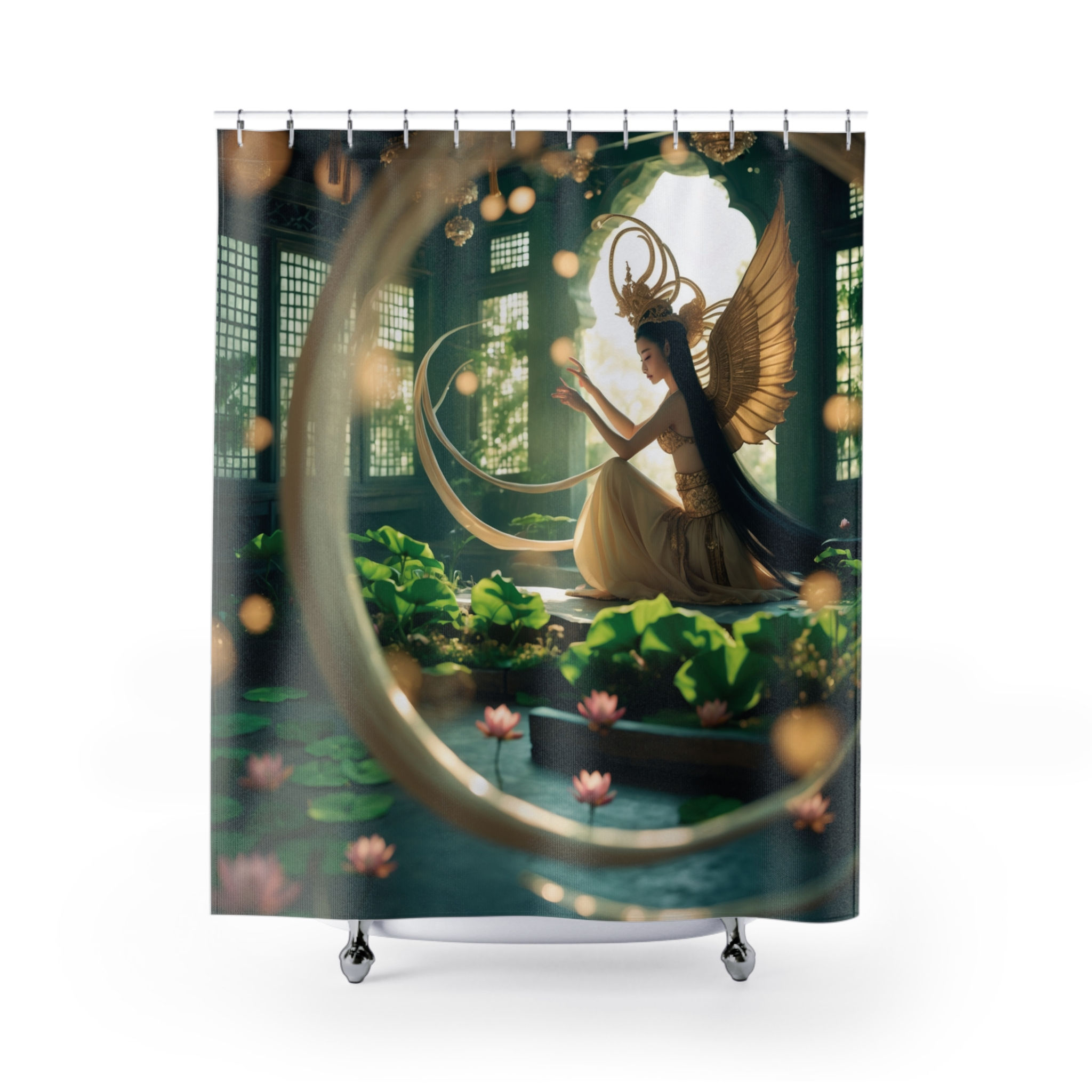 Ethereal "White Lotus Fairy Temple: Angel Spinning Light" Shower Curtain, Gift