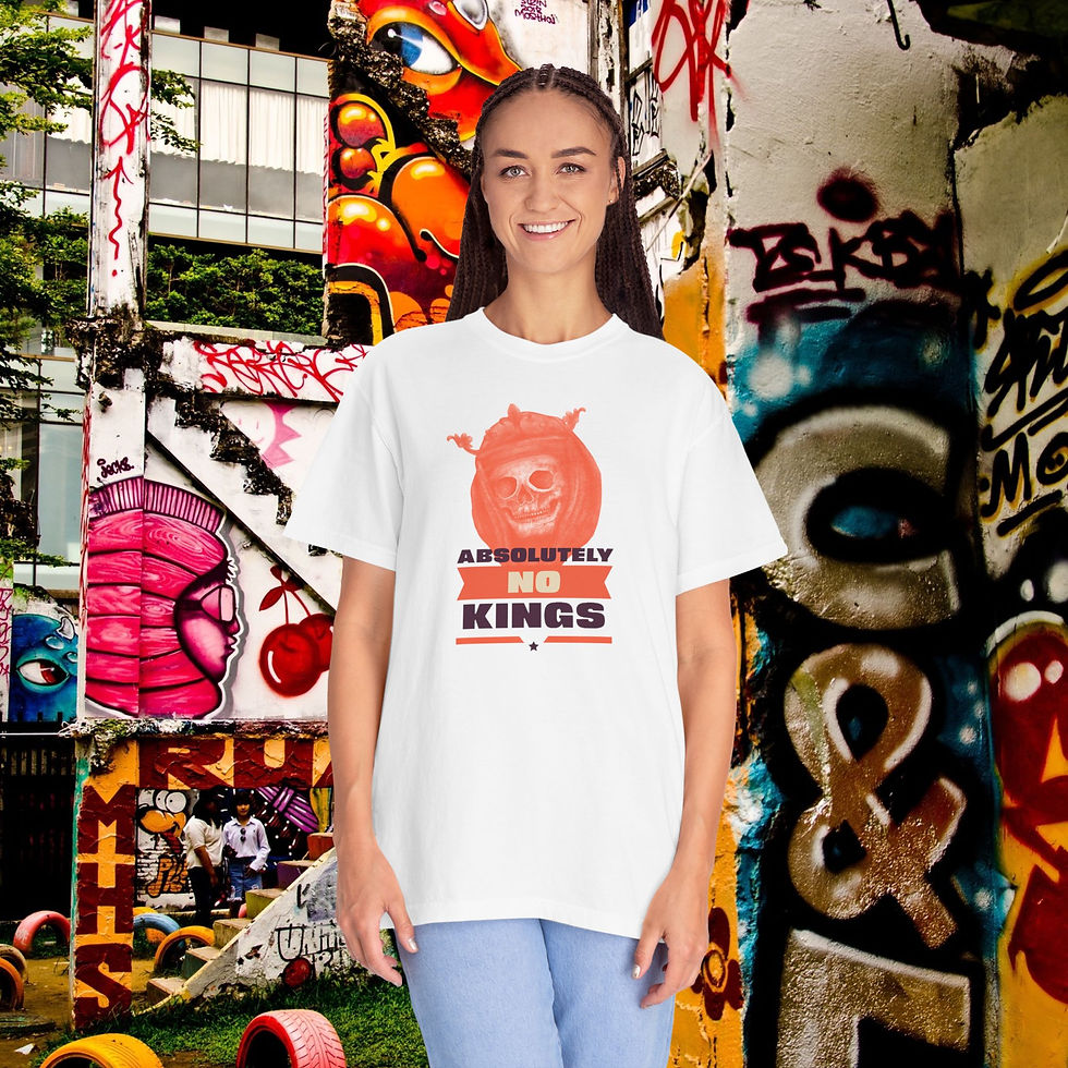Thumbnail: Woman wearing "ABSOLUTELY NO KINGS" shirt, standing against graffiti wall. My Site 1