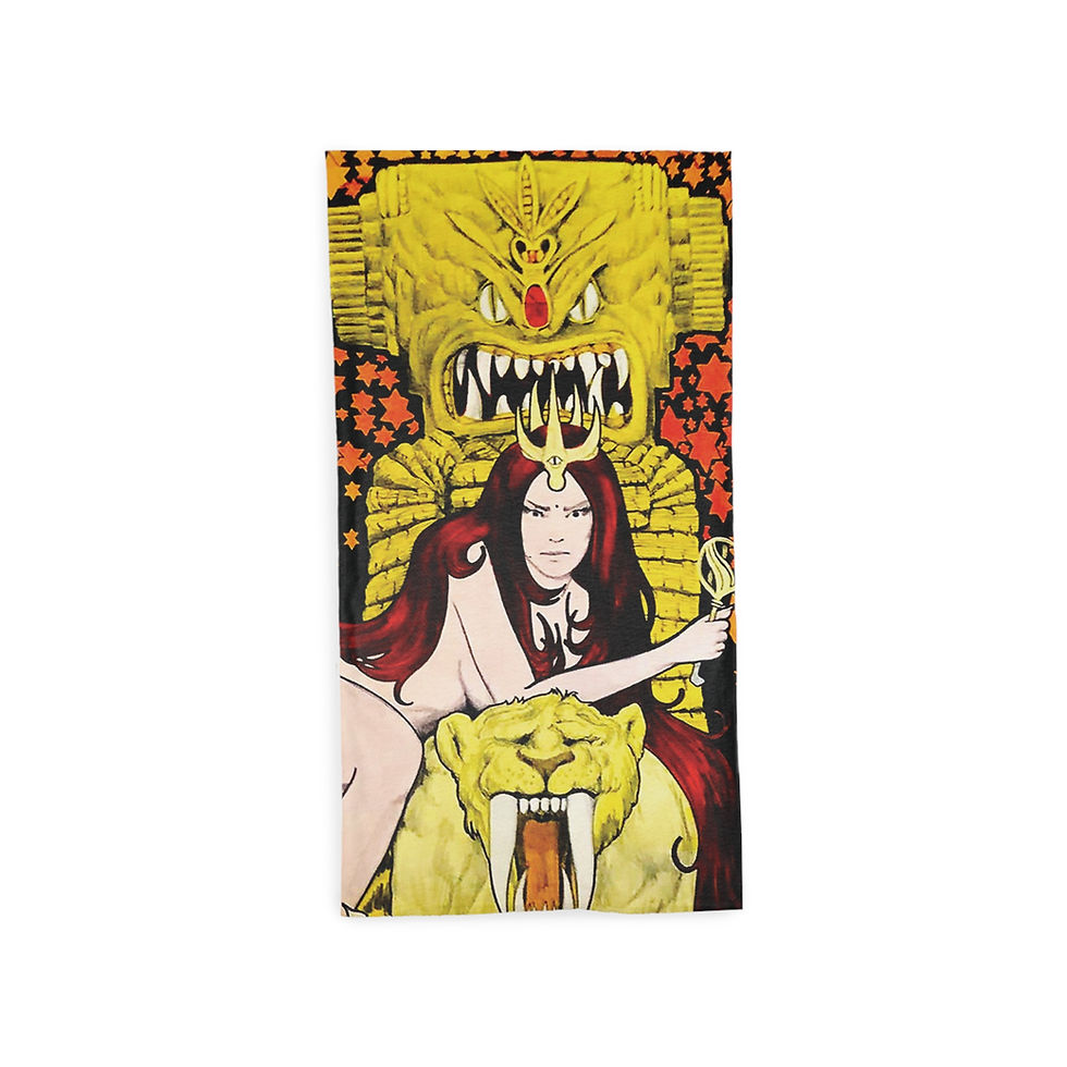 A psychedelic design with a naked woman resting on top of a lion's head, with an angry Tiki god bearing its teeth above her.