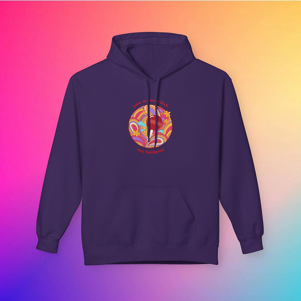Thumbnail: Purple hoodie with Fun Retro '70s "You Wanna Lick My Lollipop" Unisex Fleece Hoodie design.