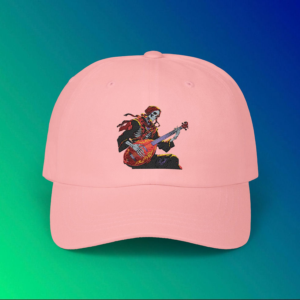 Thumbnail: Pink cap with skull design playing guitar on blue-green gradient background.