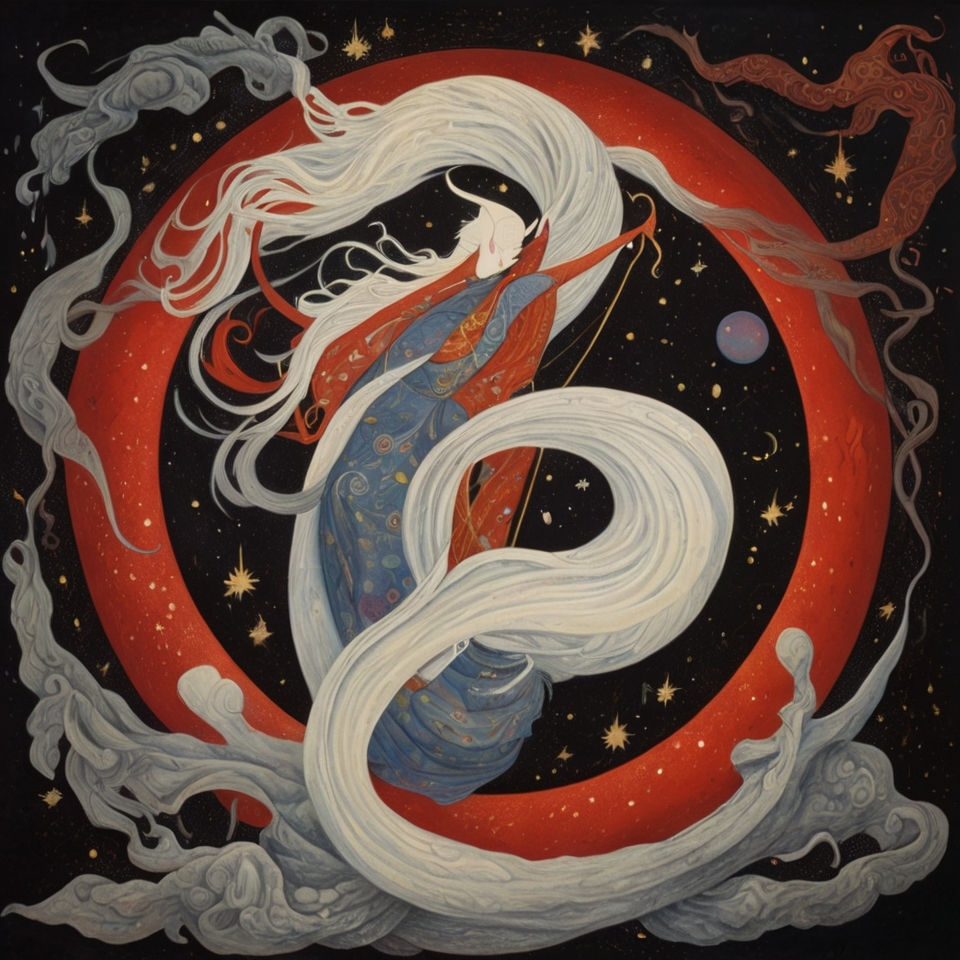 Woman with long white hair in red circle, surrounded by stars and smoke.