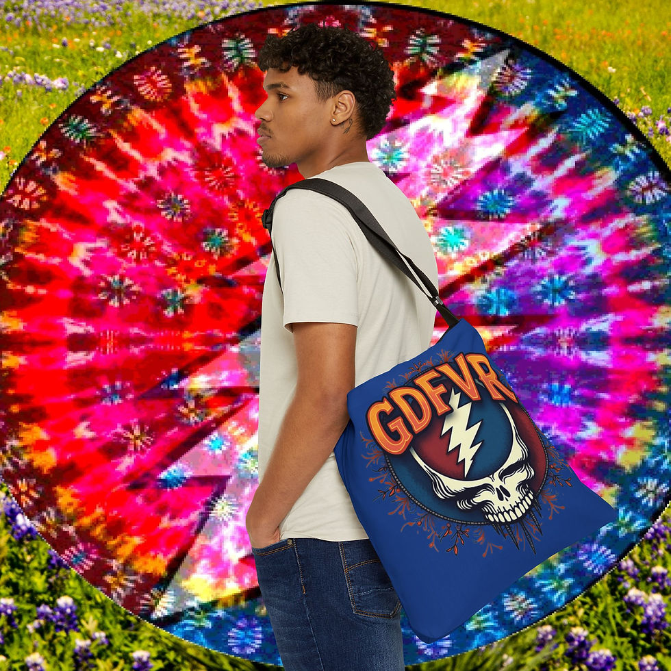 Man carrying a vibrant blue tote bag, GDEV, Grateful Dead, My Site 1