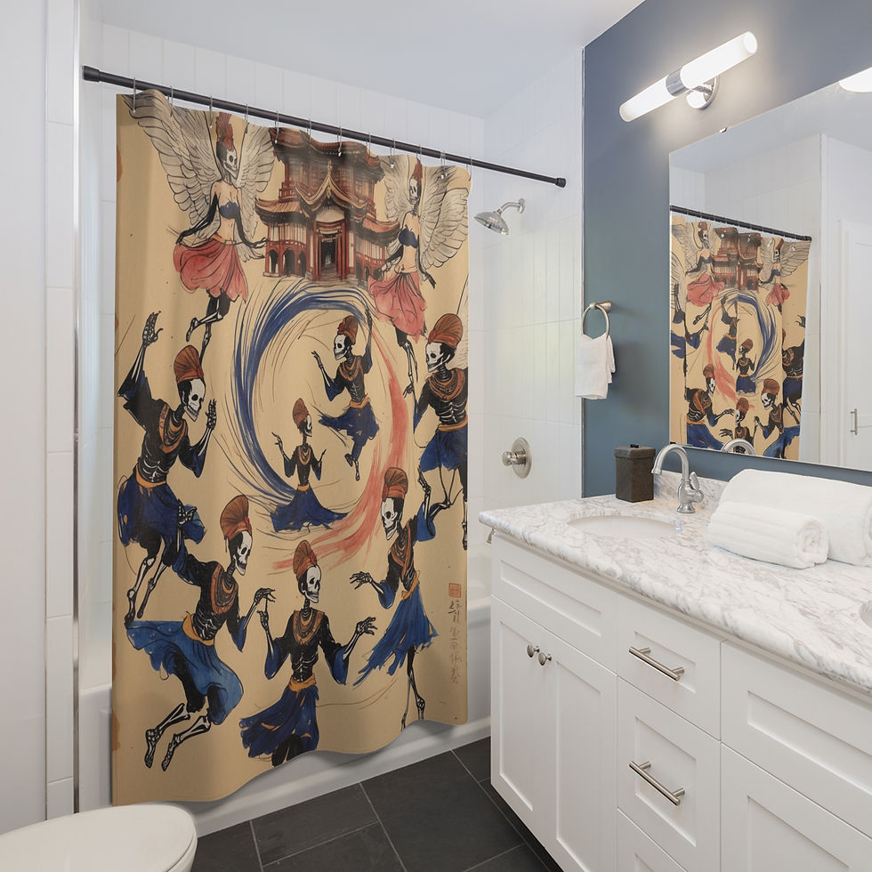 Thumbnail: Whirling Dervish Dancing Skeletons Shower Curtain, A Spirited Spiraling Mystery