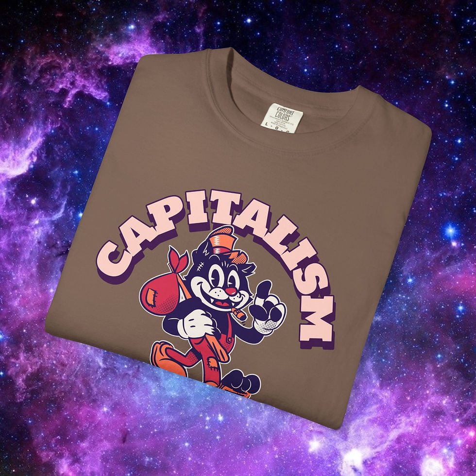 Thumbnail: Capitalism cat character on brown shirt with text. Japanese Kanji Shirt Unisex Gift My Site 1