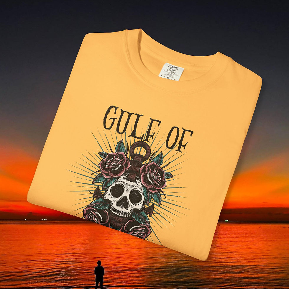 Thumbnail: Yellow Gulf Of shirt with skull, anchor, roses on beach at sunset My Site 1