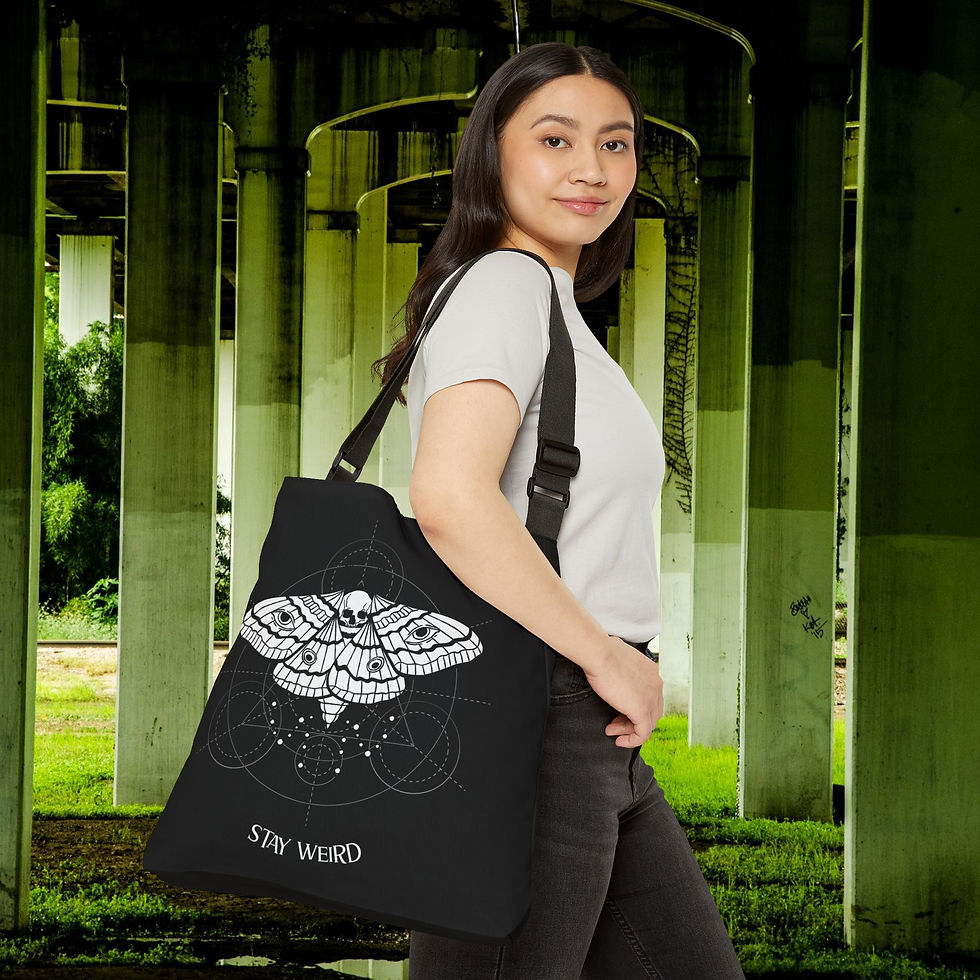 Thumbnail: Skull Moth Alchemist's Mandala "Stay Weird" 18" Tote, Adjustable Eco-Bag, Gift