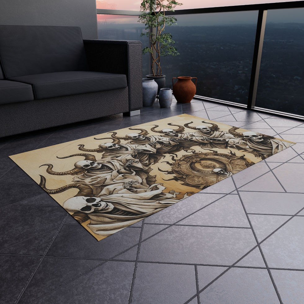 Decorative rug on patio with dark couch; Psychedelic Rug, Fractal Art