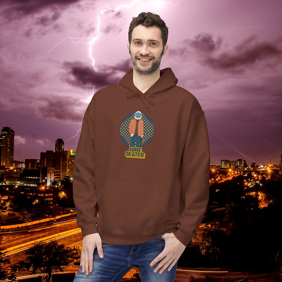 Thumbnail: Man wearing Retro "Space Skater" Skateboarder Fleece Hoodie, Skate Style, Gift for Skaters, in front of city lights.