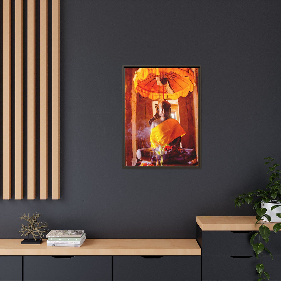 Thumbnail: Meditative Buddha & Parasol 24" x 32" Framed Canvas Print, Spiritual Art, Gift