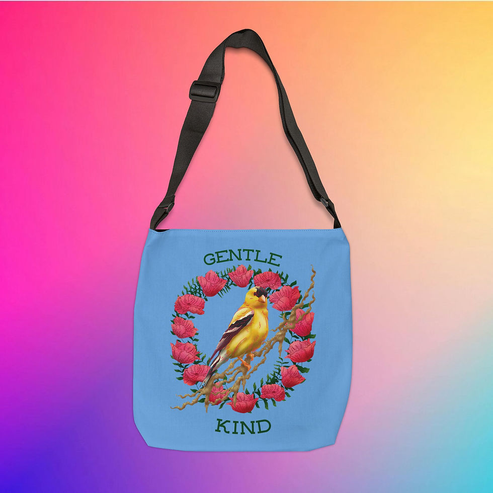 Blue bag with bird, roses, and Gentle Kind text. My Site 1