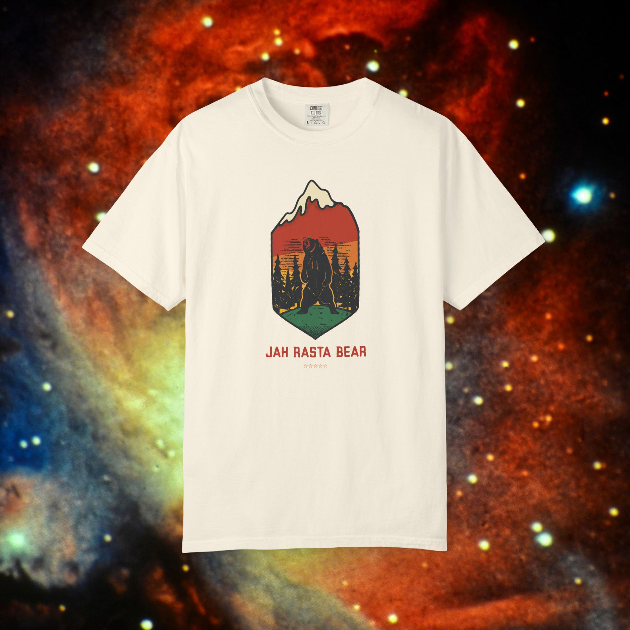 White t-shirt with Jah Rasta Bear graphic. Monumental "Jah Rasta Bear" Garment-Dyed Cotton T-Shirt, Unisex Ital Tee. My Site 1