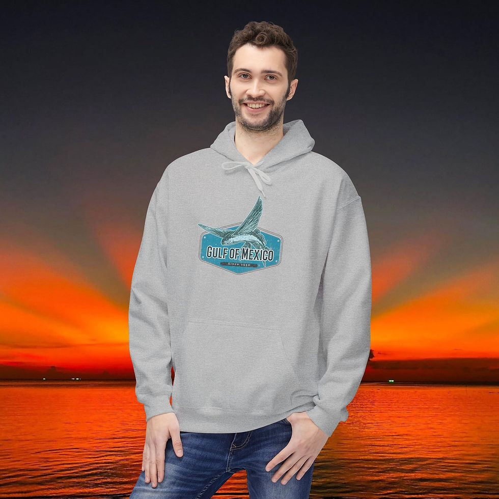 Thumbnail: Man wearing Gulf of Mexico Smiling Swordfish Unisex Heavy Blend™ Hooded Sweatshirt smiling by the sea.