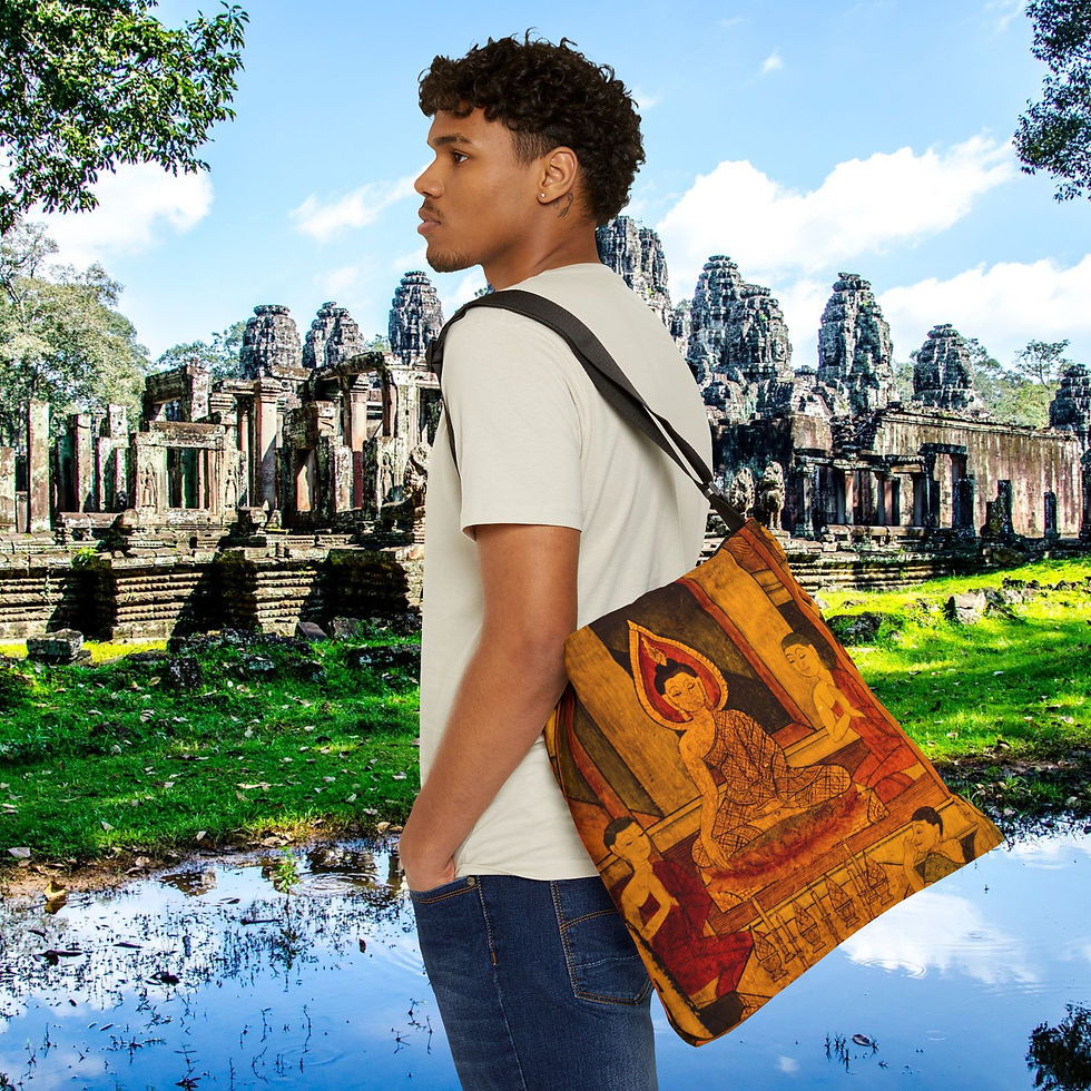 Young man carries Bold "Beauty & Temperment, Irristable & Lethal" 16" Adjustable Tote Bag, Gift near ancient temple. My Site 1