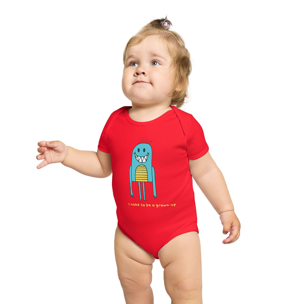 Thumbnail: Baby in red onesie with cartoon, 'I used to be a grown-up', My Site 1