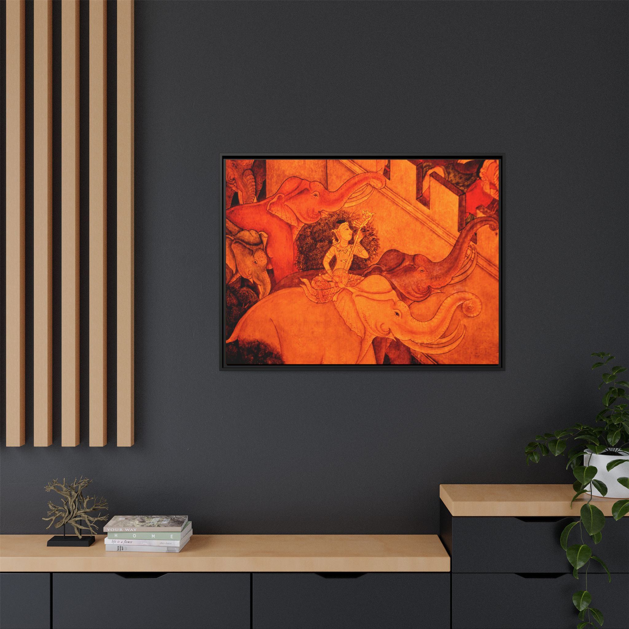 Thai Elephant Artwork Canvas Print, 30" x 40" Framed Wall Art, Boho Design, Gift