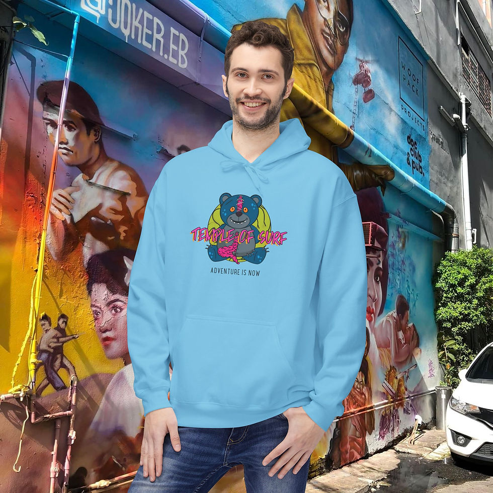 Thumbnail: Man modeling light blue hoodie with bear graphic, 