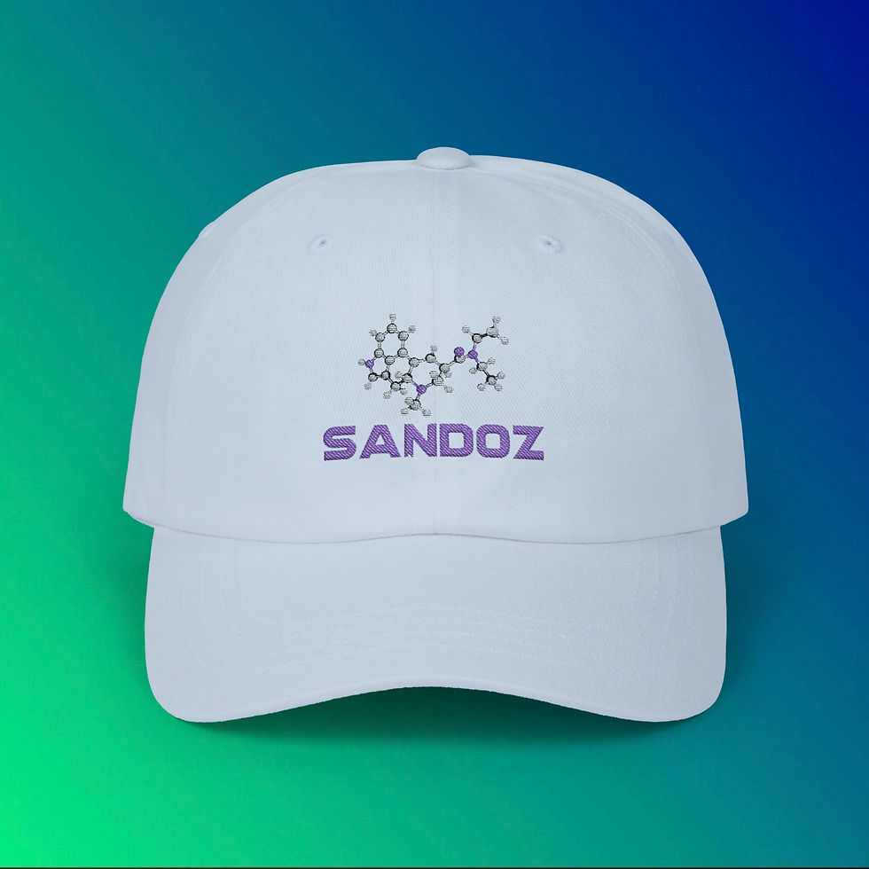 Thumbnail: White Sandoz cap with purple logo and molecule design, My Site 1.