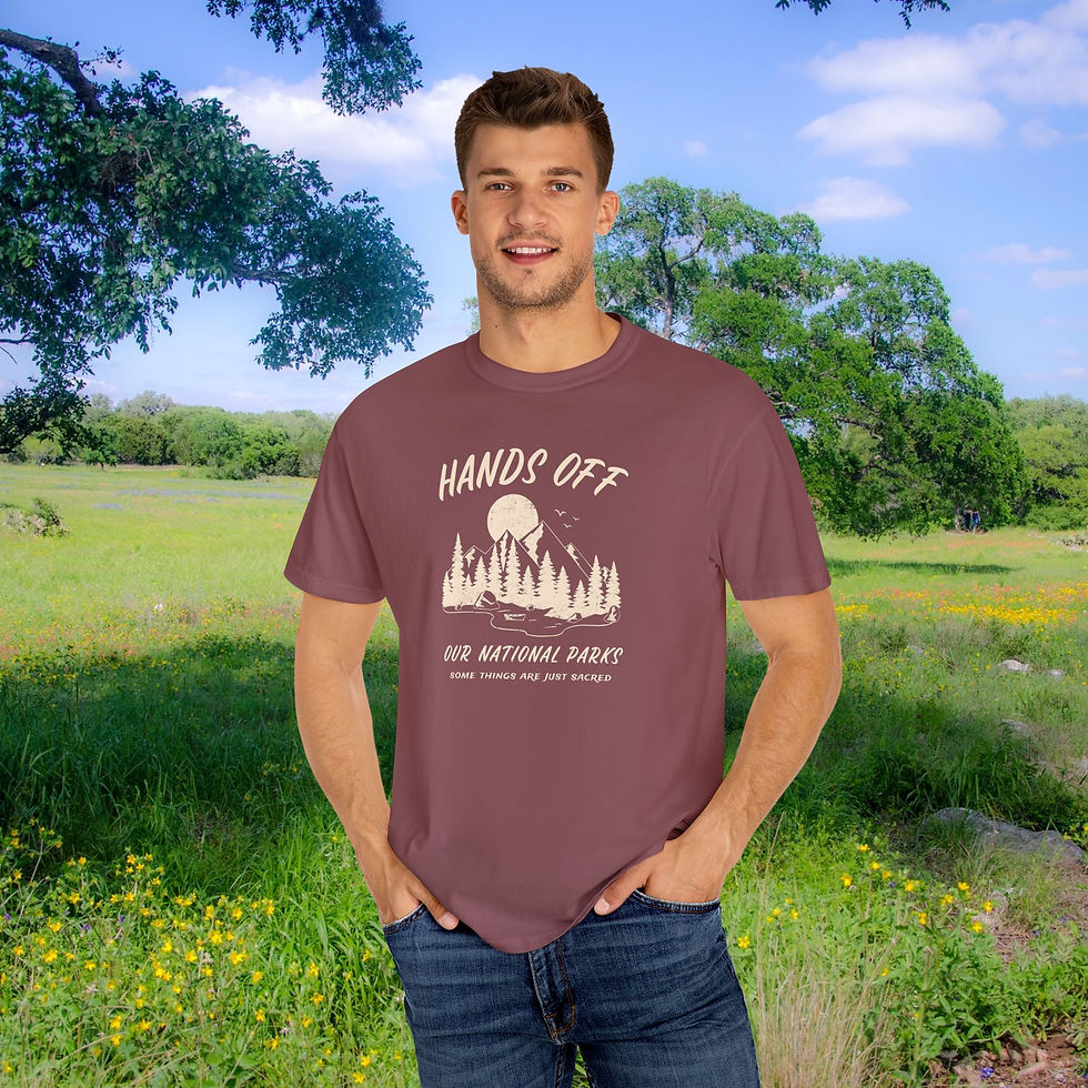 Thumbnail: Man wearing Hands Off shirt in nature setting my site 1