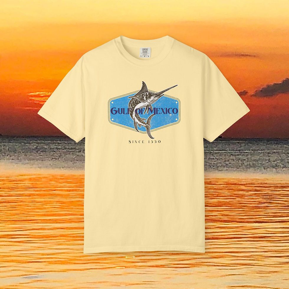 Thumbnail: Yellow T-shirt with Gulf of Mexico swordfish design; Sunset background, My Site 1