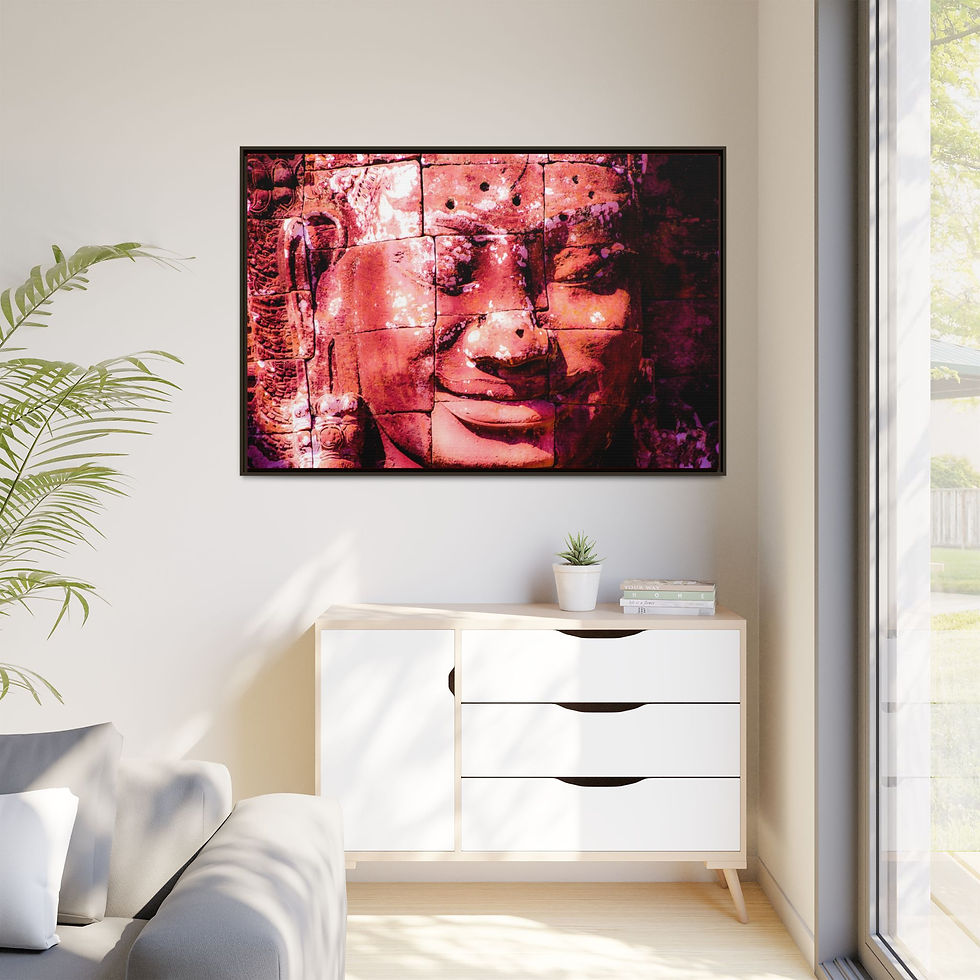 Thumbnail: Vibrant Buddhist Temple Face 40" x 60" Canvas Art Print, Ancient Khmer Art, Gift