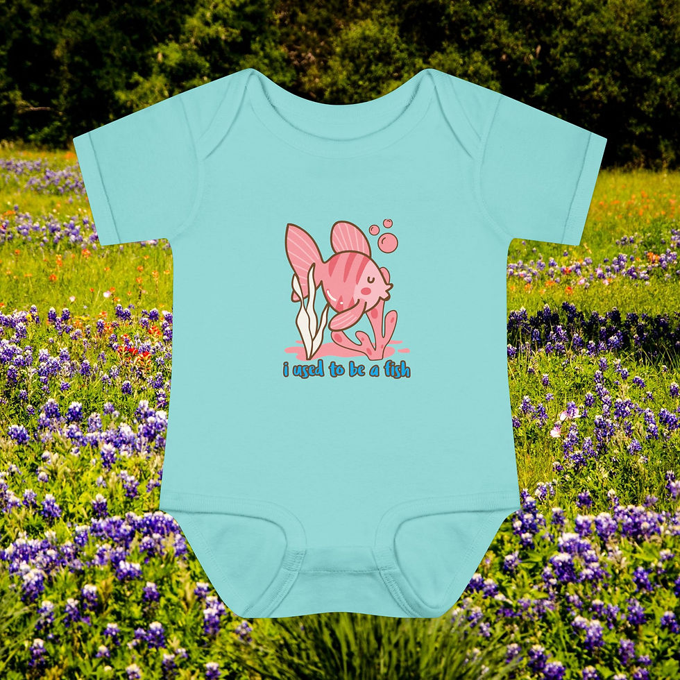 Thumbnail: Baby onesie with a playful fish drawing and text in front of flowers. Unisex Gift.
