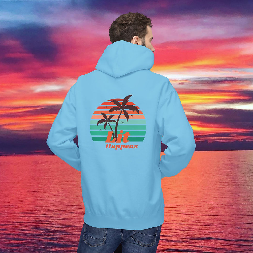 Thumbnail: Man wearing blue hoodie with palm trees and 'Happiness' graphic. My Site 1