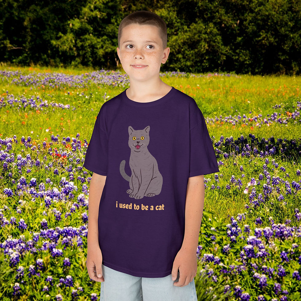 Thumbnail: Boy wearing a T-shirt that says, "I used to be a cat". Field background. Gift for Her