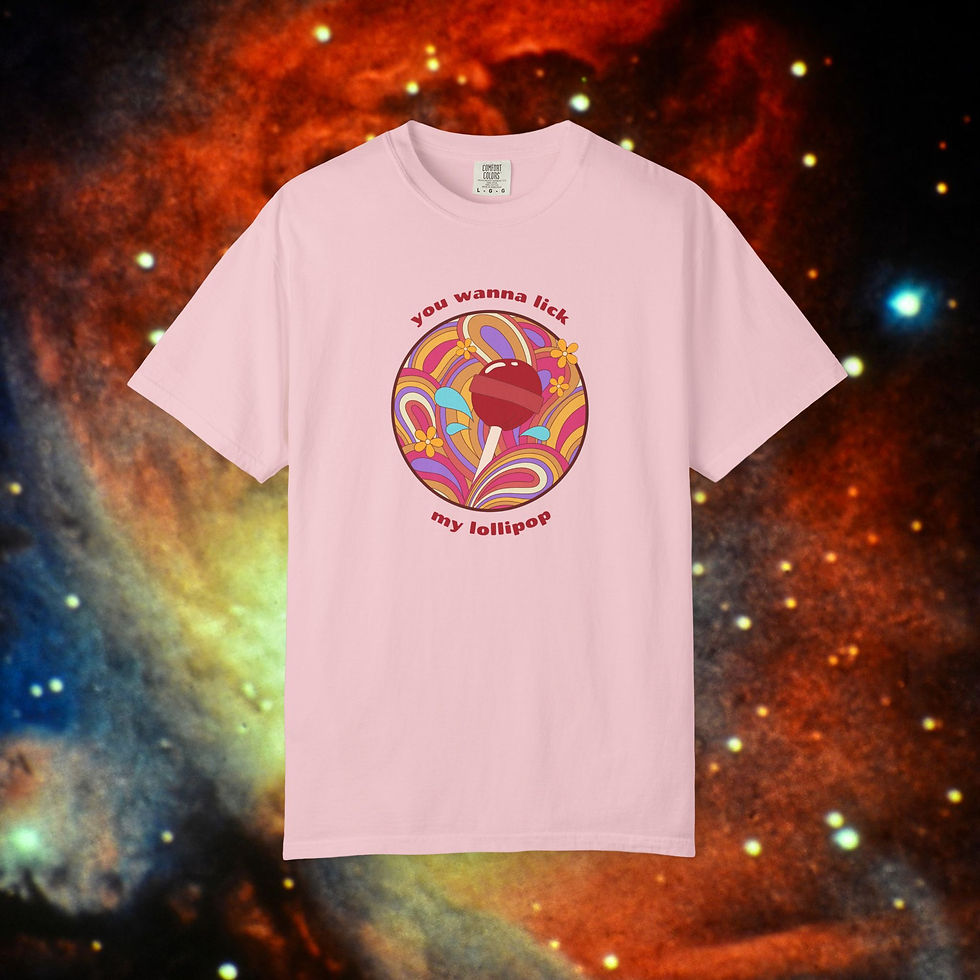 Thumbnail: Pink tee shirt with "You Wanna Lick My Lollipop" Fun Retro '70s design. My Site 1