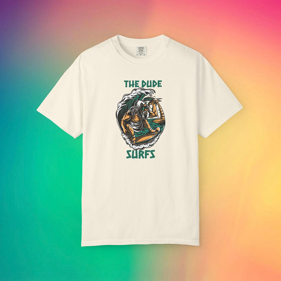 Cream-colored t-shirt with text: The Dude Surfs. Surfer riding a wave. My Site 1