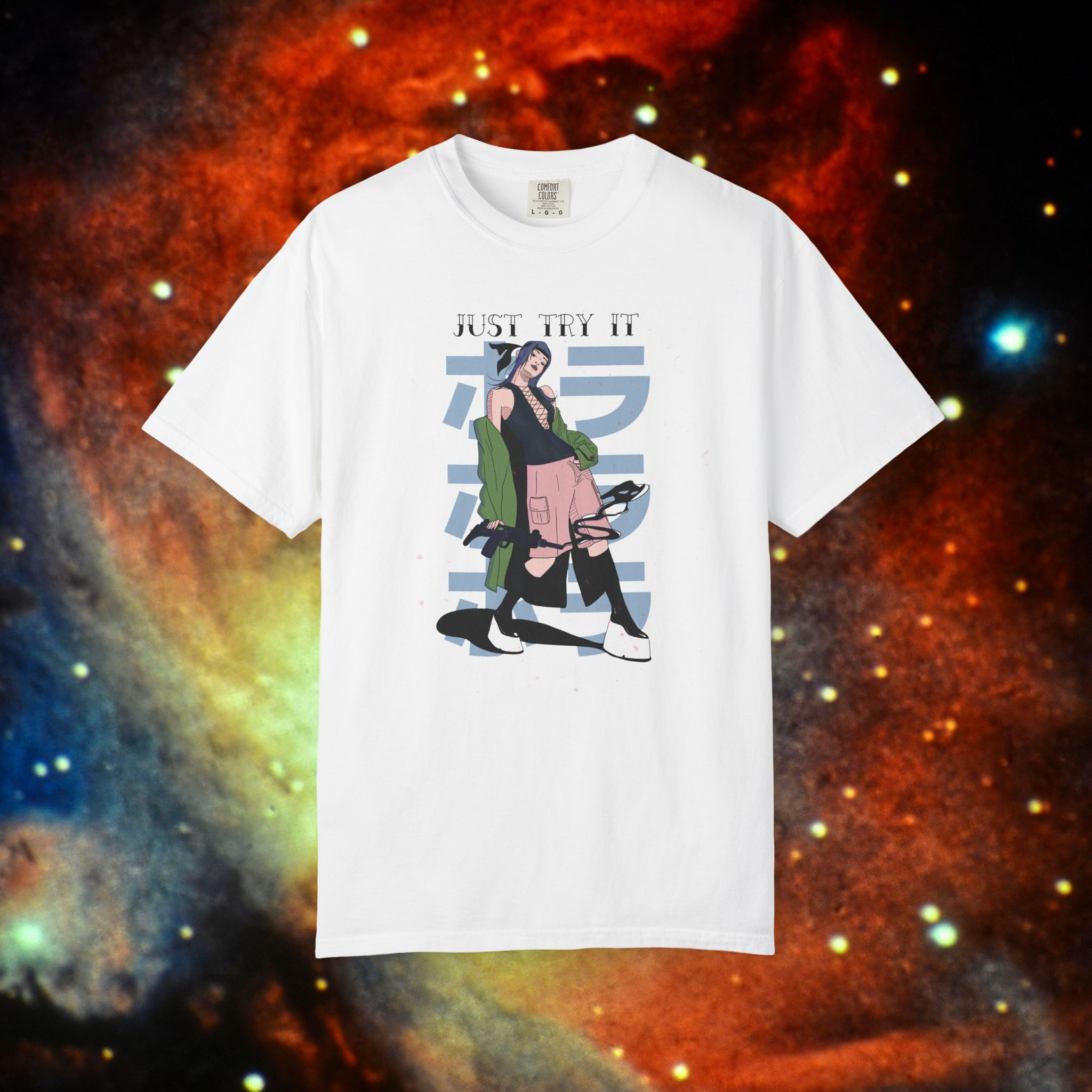 White t-shirt with anime graphic and Japanese text, unisex gift. My Site 1