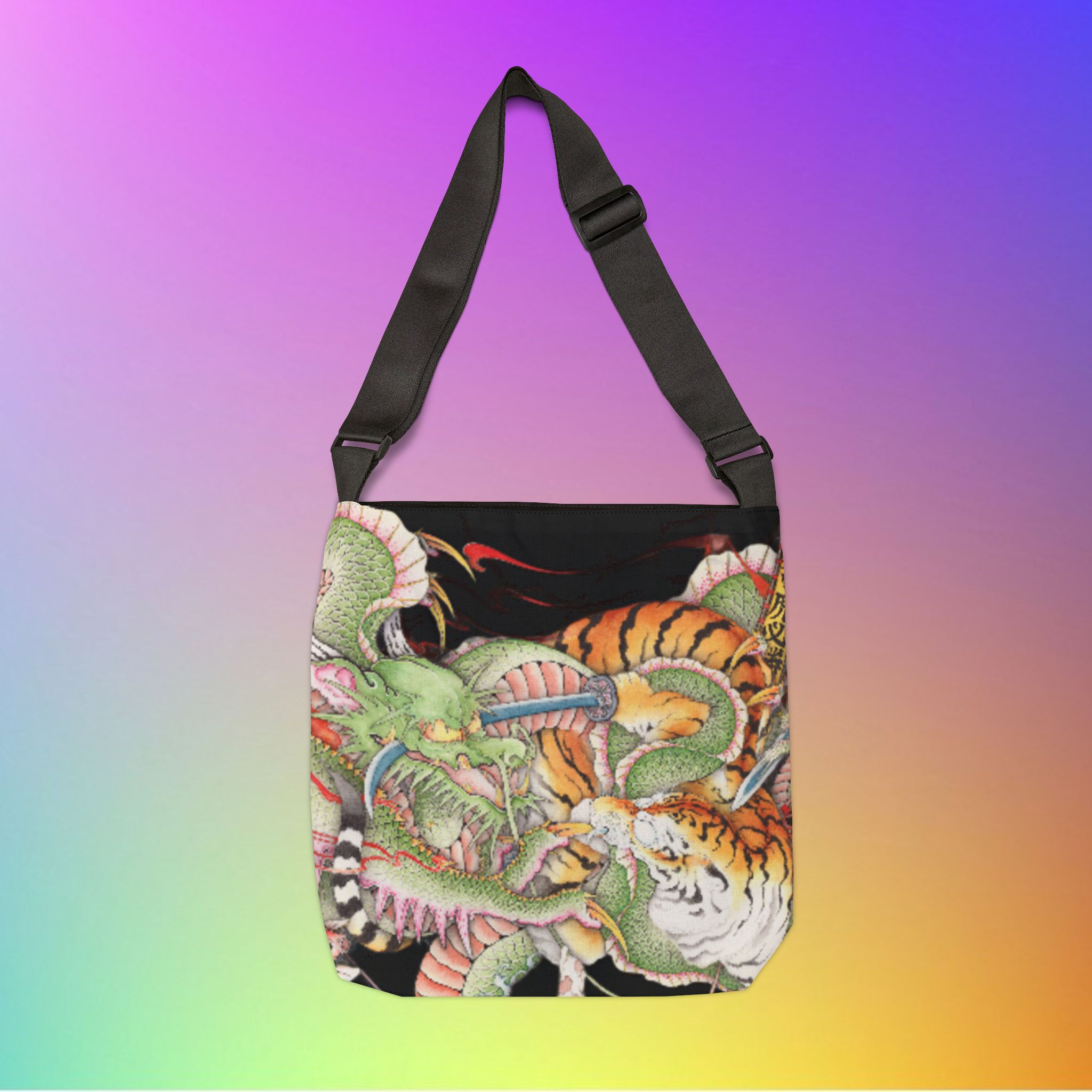 Classic Japanese Dragon & Tiger Adjustable Tote, Eco-Friendly Grocery Bag, Gift