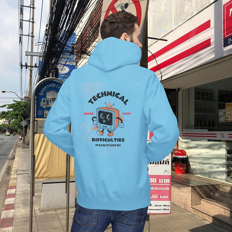 Thumbnail: Man wearing light blue hoodie with Technical Difficulties graphic, My Site 1.