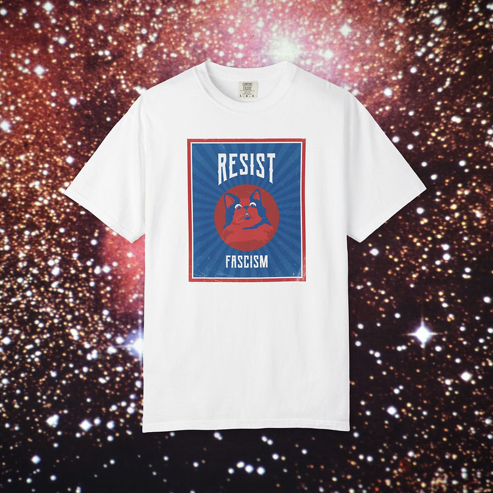 Thumbnail: White t-shirt with the words Resist Fascism on a space background. Unisex Onesie My Site 1