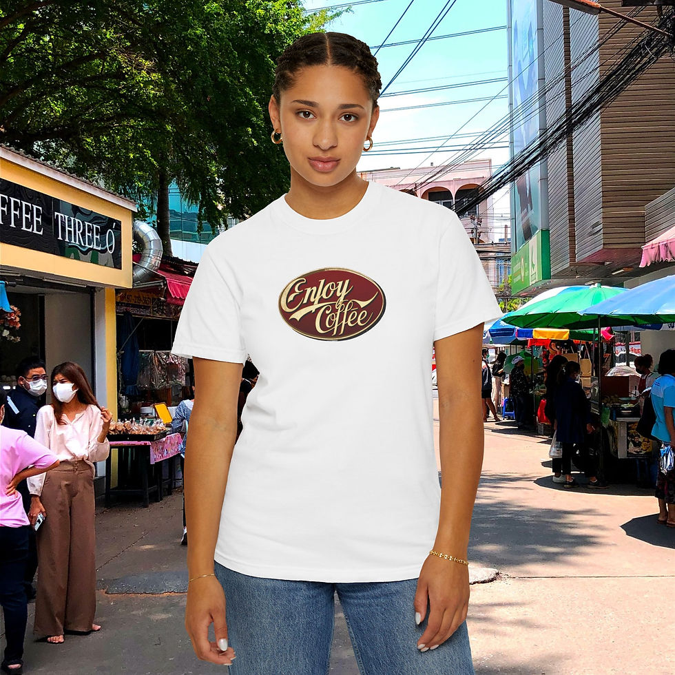 Thumbnail: Electric Vintage "Enjoy Coffee" T-Shirt, Retro Euro Coffee Lover's Tee, Fun Gift